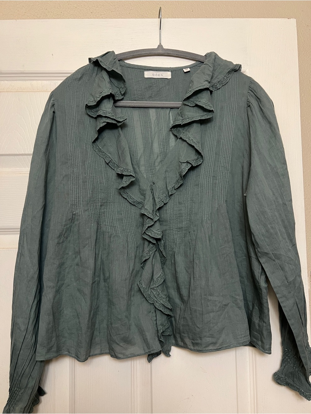 Doen Ruffle V-Neck Blouse in Sage Green